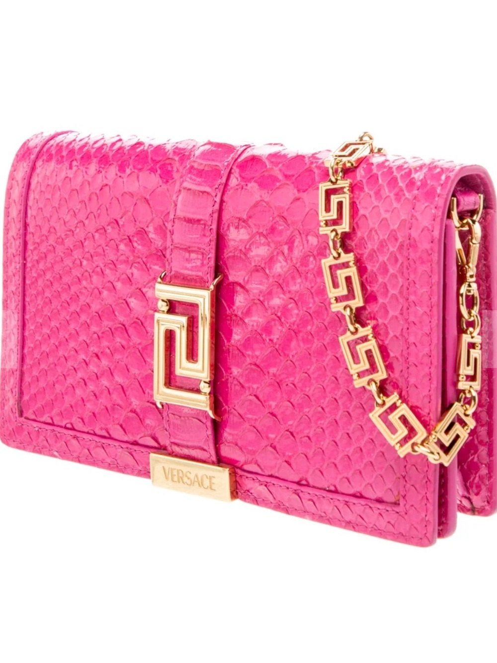 Versace Fuchsia Python-Embossed Leather Crossbody with Gold Greek Key Chain
